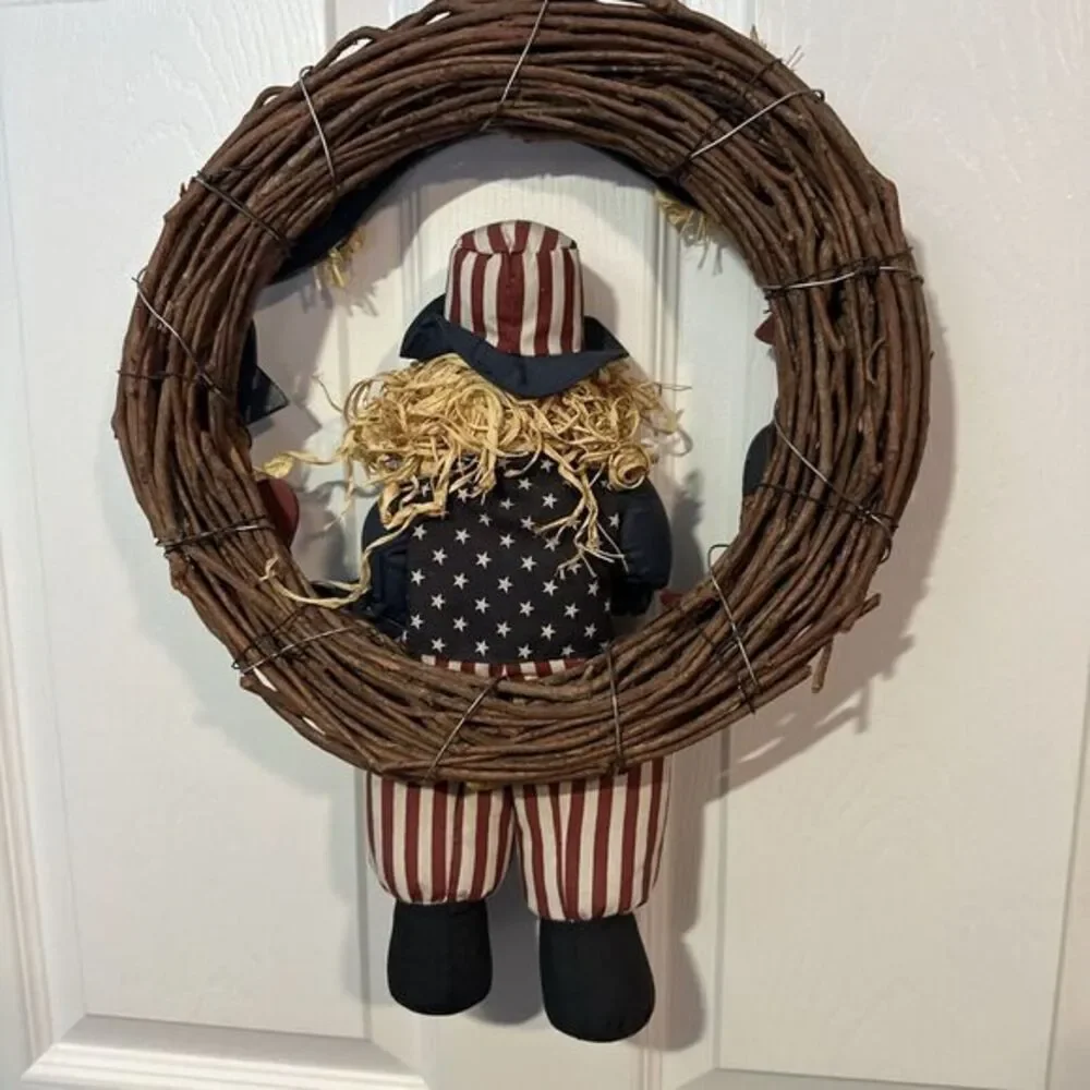4th of July Patriotic‎ Wreath for Front Door Red White Blue Vintage hanging